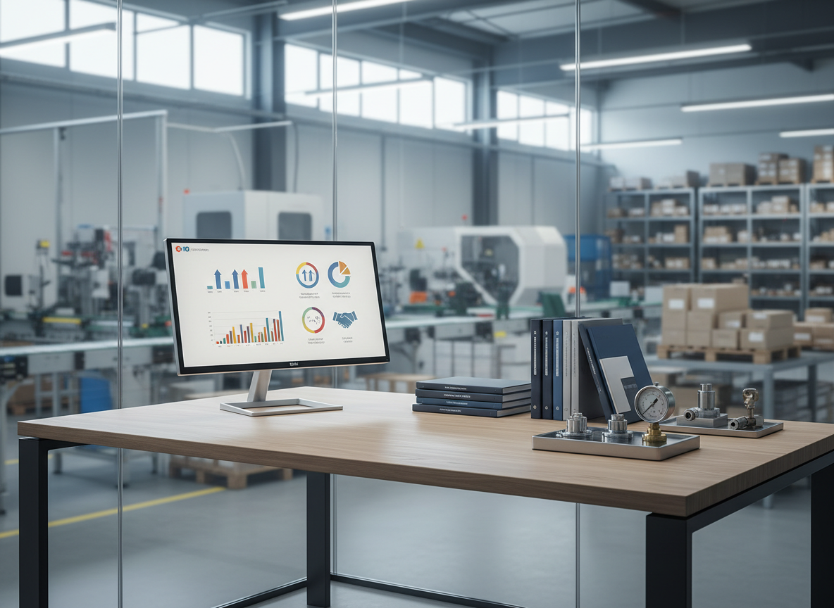 A clean, modern industrial office corner integrated with a factory environment, featuring a sturdy light-wood desk with a slim metallic-framed monitor displaying a non-textual dashboard of abstract charts and order icons, symbolizing quotation management and agile service. Beside it, a stack of neatly arranged catalogs and a few sample components like connectors and pressure gauges rest in a metal tray. Through a large glass partition behind the desk, blurred production machinery and racks of supplies are visible. Cool daylight filters through high windows, complemented by soft overhead lighting, creating a balanced, bright atmosphere. Captured at a three-quarter angle with moderate depth of field, the composition feels organized, efficient, and professional, reflecting B2B reliability and fast-response contact and quote request processes in a realistic photographic style.