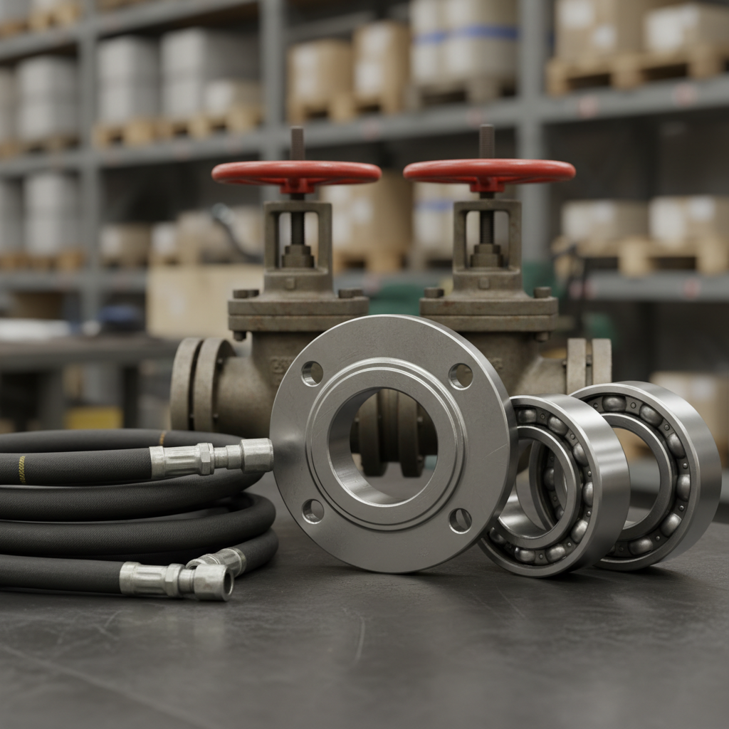 A close-up photographic scene of a heavy-duty steel flange, precision bearings, industrial valves, and coiled hydraulic hoses carefully arranged on a matte dark work surface, each object showing subtle wear that suggests real use but excellent condition. The textures of brushed metal, rubber, and machined edges are captured in high detail. Soft studio lighting from the upper left creates clear highlights along the curves and rims, with controlled shadows adding depth. The background fades into a gentle blur of neutral tones, hinting at a larger stockroom. Shot from a slightly elevated angle with shallow depth of field, the mood is technical, professional, and trustworthy, ideal to represent industrial solutions and B2B quotation services with realistic photographic clarity.