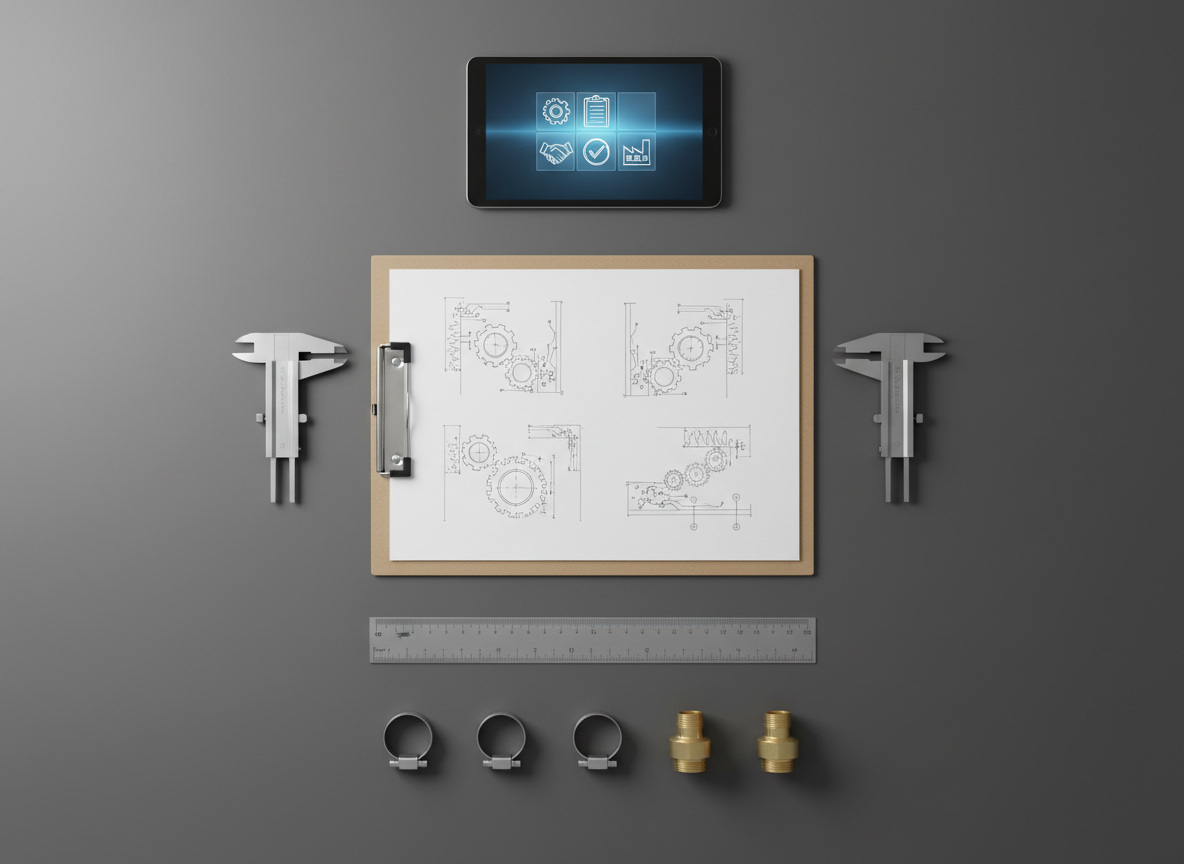 A top-down photographic view of a clean, minimalist industrial quotation and planning desk, featuring a large blank clipboard with neat technical diagrams and flow-like lines without readable text, surrounded by neatly aligned calipers, a metal ruler, a digital tablet showing abstract quotation icons, and small samples of industrial parts like clamps and connectors. The desk surface is a smooth, dark gray material that makes the metallic components stand out. Soft, diffused overhead lighting creates gentle, uniform illumination with minimal shadows, giving an analytical, methodical feel. The composition is carefully balanced with objects arranged symmetrically around the clipboard, evoking clarity, organization, and precision. The mood is calm and highly professional, representing the process of requesting and preparing industrial quotes and technical supply solutions in a clean, realistic aesthetic.