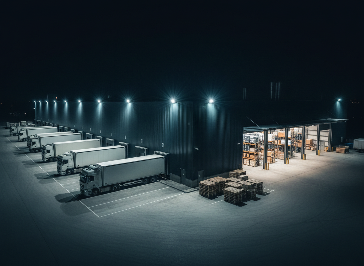 A dramatic photographic nighttime exterior of an industrial warehouse and logistics hub, with the large building constructed of corrugated metal panels and tall loading bay doors partially open to reveal illuminated storage racks inside. The yard shows several parked, unbranded cargo trucks and a line of industrial pallets and crates arranged efficiently along marked lanes. Strong, cool-toned floodlights mounted high on the building cast clear pools of light and long, directional shadows across the concrete ground, emphasizing operational readiness and 24/7 agility. Captured from a low-angle corner perspective with deep depth of field, the composition leads the eye along the façade into the distance, giving a sense of scale, reliability, and continuous B2B service, in a realistic, professional photographic style.