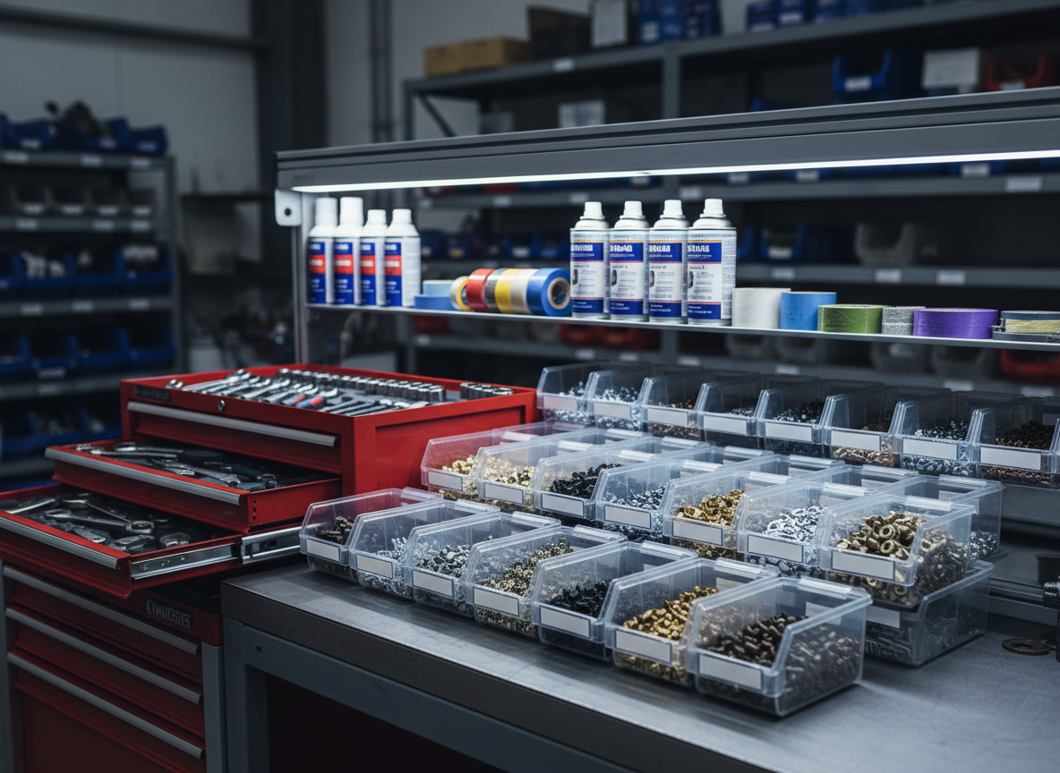 A detailed photographic close-up of an industrial workbench dedicated to maintenance and MRO supplies, with labeled transparent bins filled with bolts, nuts, fittings, and small mechanical components organized by size and type, avoiding readable text. A robust metal toolbox with drawers slightly open reveals neatly aligned tools, while a row of spray cans, lubricants, and sealing tapes stands upright on a top shelf. Cool white workshop lighting from above casts crisp, functional shadows, emphasizing order and readiness. The background, softly out of focus, hints at larger shelves of spare parts. Shot at eye level with the workbench filling most of the frame and strong horizontal lines, the mood is practical, methodical, and reliable, ideal to convey variety of industrial supplies and dependable B2B support in a clean, realistic aesthetic.