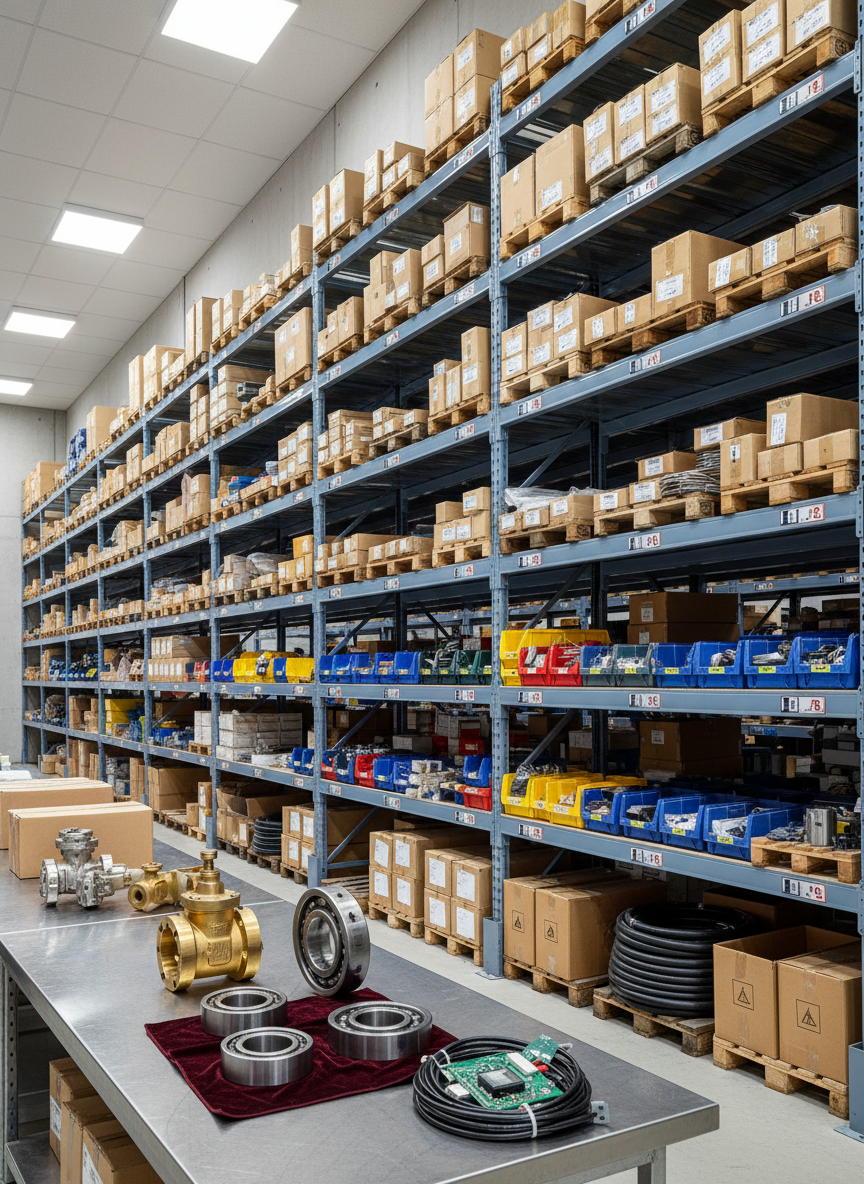 A wide, panoramic photographic view of an organized industrial warehouse interior, filled with neatly stacked metal shelves carrying boxes, valves, bearings, hoses, and electrical components, all meticulously arranged and labeled without visible text. In the foreground, a clean steel worktable holds a few highlighted items, suggesting curated industrial solutions and quick quotation capability. Cool neutral walls contrast with the warm tones of cardboard and painted metal. Overhead LED lights create bright, even illumination with soft reflections on metallic surfaces and gentle shadows under shelving, conveying clarity and reliability. Shot at eye level with sharp focus throughout for a crisp, professional B2B atmosphere, the composition uses leading lines of shelves drawing the eye to the back, evoking depth, scale, and trustworthy supply capacity in a modern, realistic style.