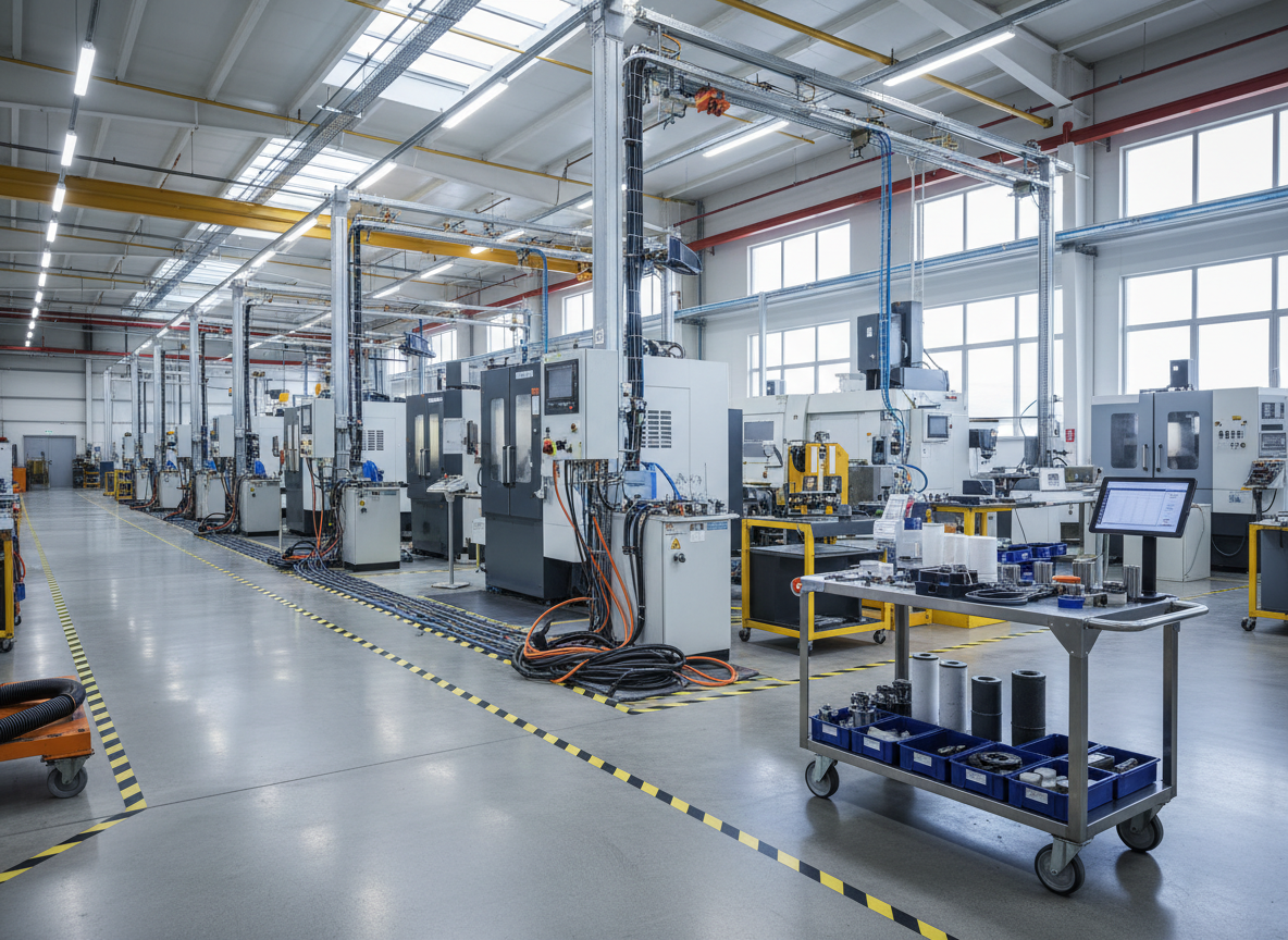 A photographic scene inside a mid-size industrial facility where multiple types of machinery are arranged in an orderly layout, each connected by clearly routed cables, hoses, and safety-marked walkways, symbolizing integrated industrial solutions. In the foreground, a robust metal cart with neatly arranged replacement parts, filters, belts, and couplings stands ready for service. Overhead skylights and large side windows allow natural daylight to mix with bright artificial lighting, creating a well-lit, productive environment with soft shadows under machines. Captured from a slightly elevated diagonal angle, the composition uses converging lines of floor markings and machine rows to add depth and direction. The mood is efficient, dependable, and technically competent, reinforcing a professional B2B identity focused on comprehensive industrial solutions and responsive support, in a sharp, realistic photographic style.